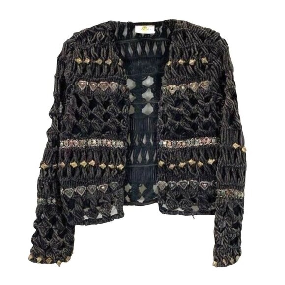 Sandy Starkman Vtg 1980s 80s Women’s Black Knitted & Embellished Jacket, Size L - Picture 2 of 6